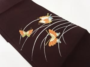 塩瀬金銀駒刺繍蝶に草葉模様名古屋帯